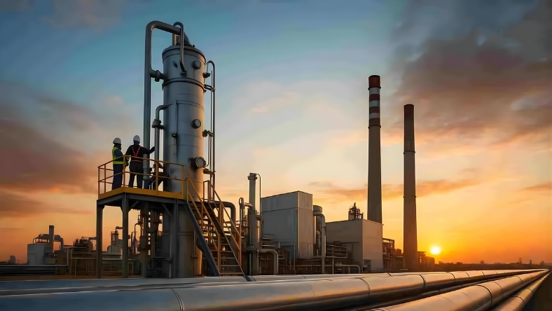 Oil and gas facility with processing towers and pipelines at sunset